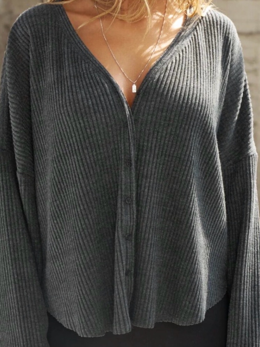 Josh Brown Ribbed V-Neck Button Front Sweater - Charcoal